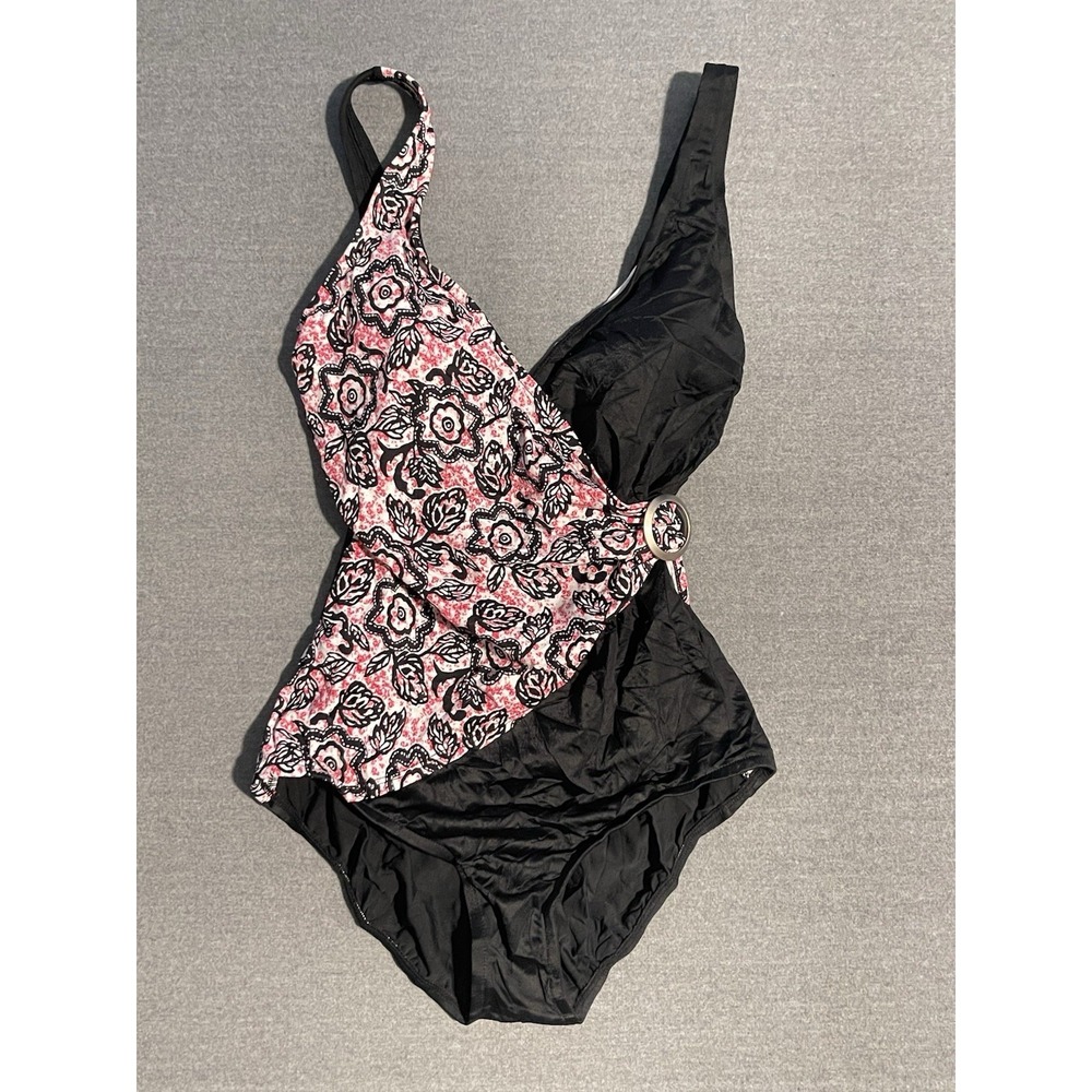 Jantzen One Piece Swimsuit Size 8 Black Floral Wrap Ring Detail Slimming